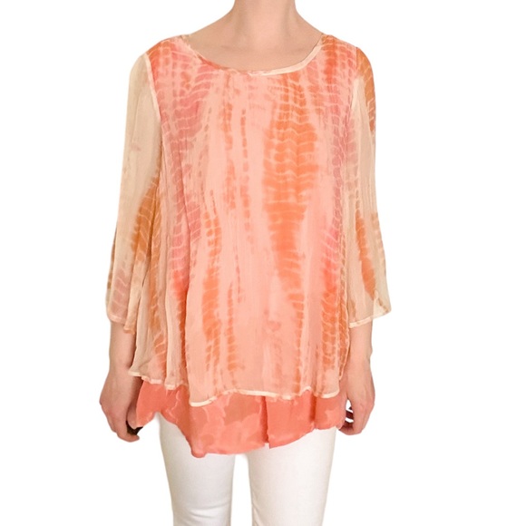 Soft Surroundings tie dye pink orange coral flowy chiffon blouse long sleeve - Picture 1 of 7